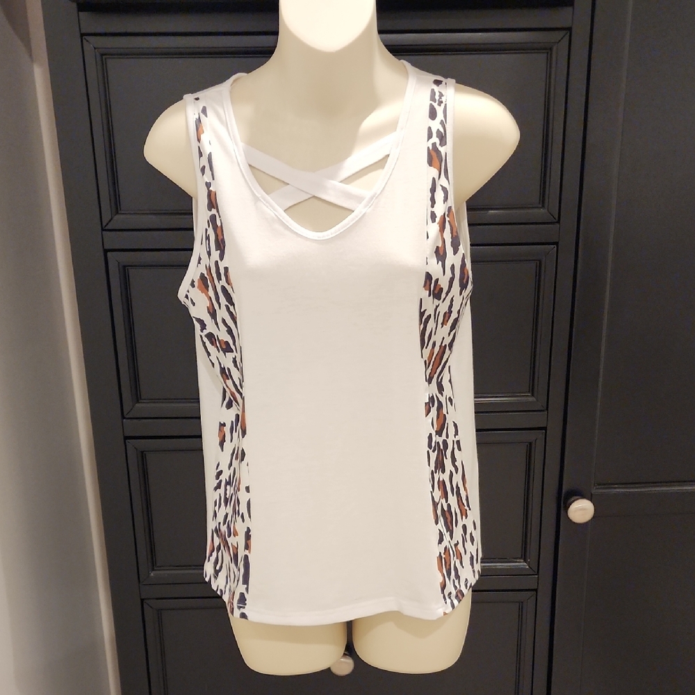 SHEIN White and Leopard Print Crisscross Tank Top